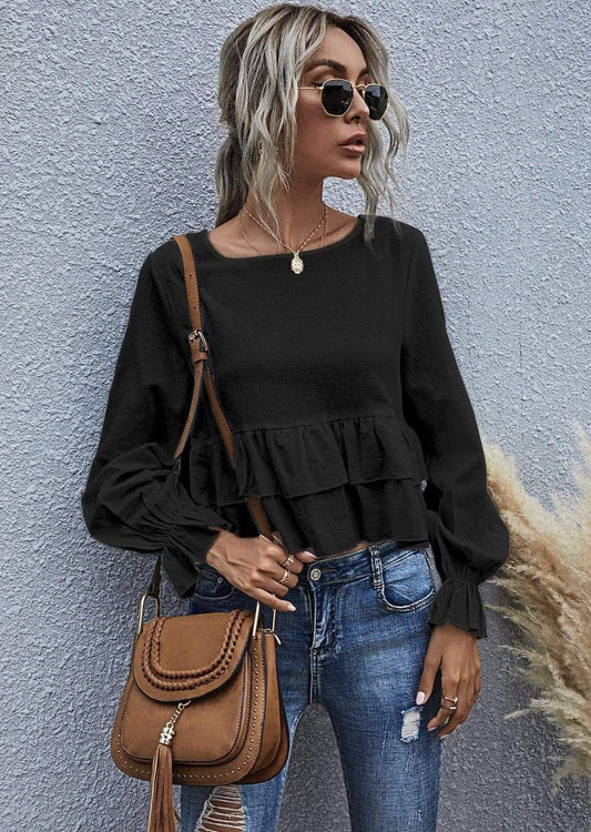 Anna-Kaci Ruffle Semi Cropped Long Sleeve Blouse Solid Color for Women XL 10-12 / Black
