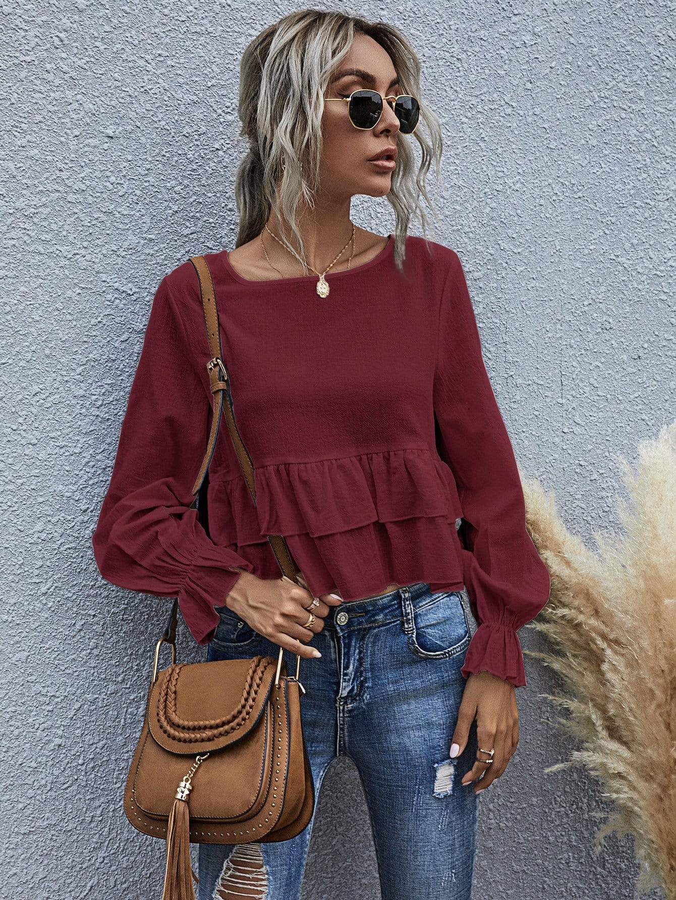 Anna-Kaci Ruffle Semi Cropped Long Sleeve Blouse Solid Color for Women XL 10-12 / Burgundy