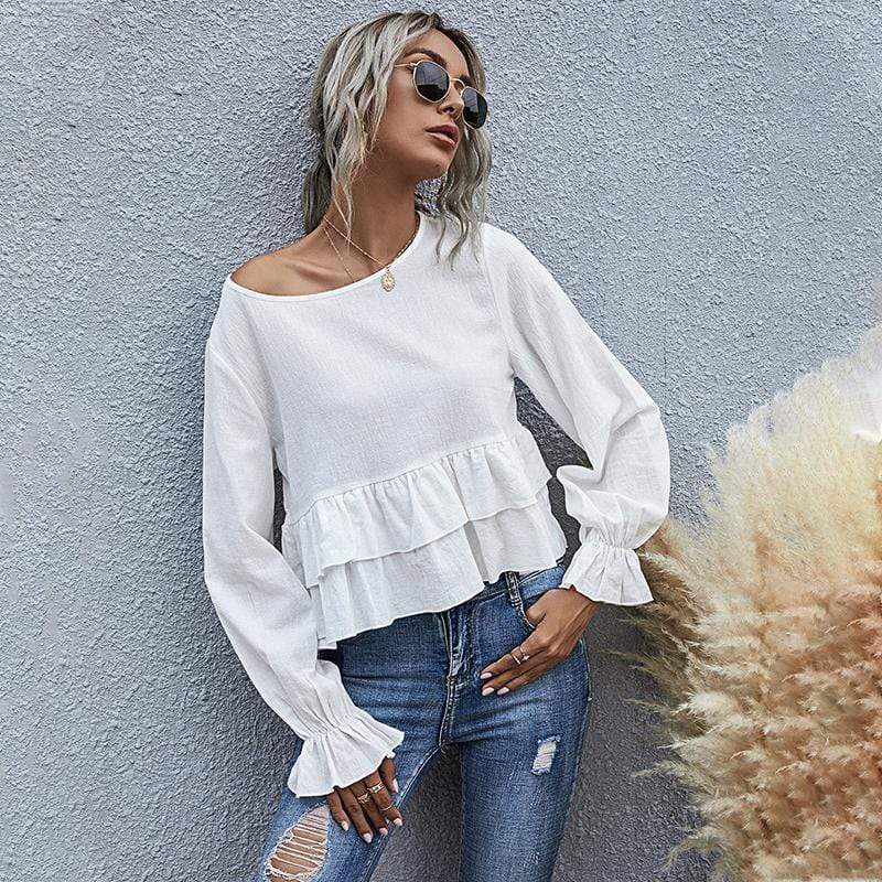 Anna-Kaci Ruffle Semi Cropped Long Sleeve Blouse Solid Color for Women XL 10-12 / White