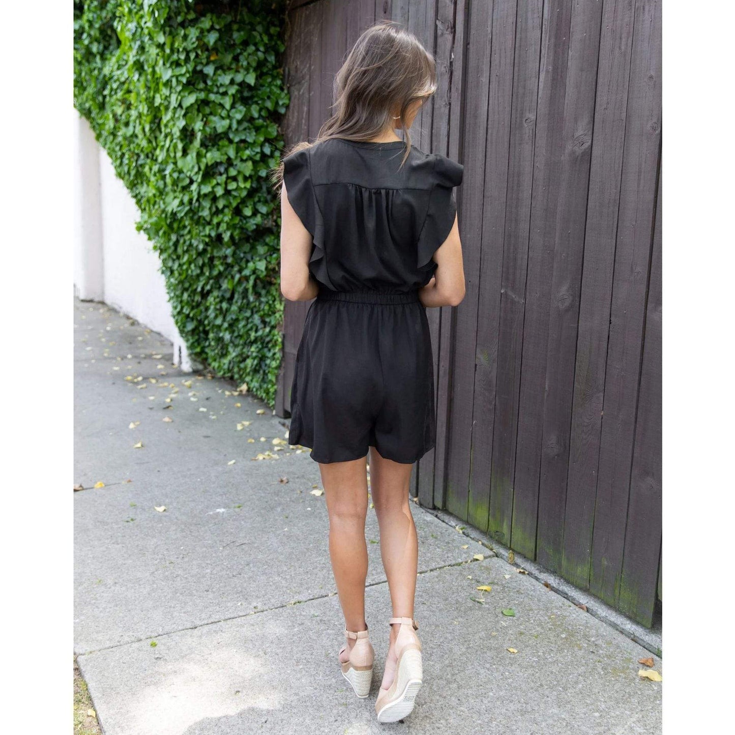 Anna-Kaci Ruffle Sleeveless Button Up Smocked Waist Romper for Women