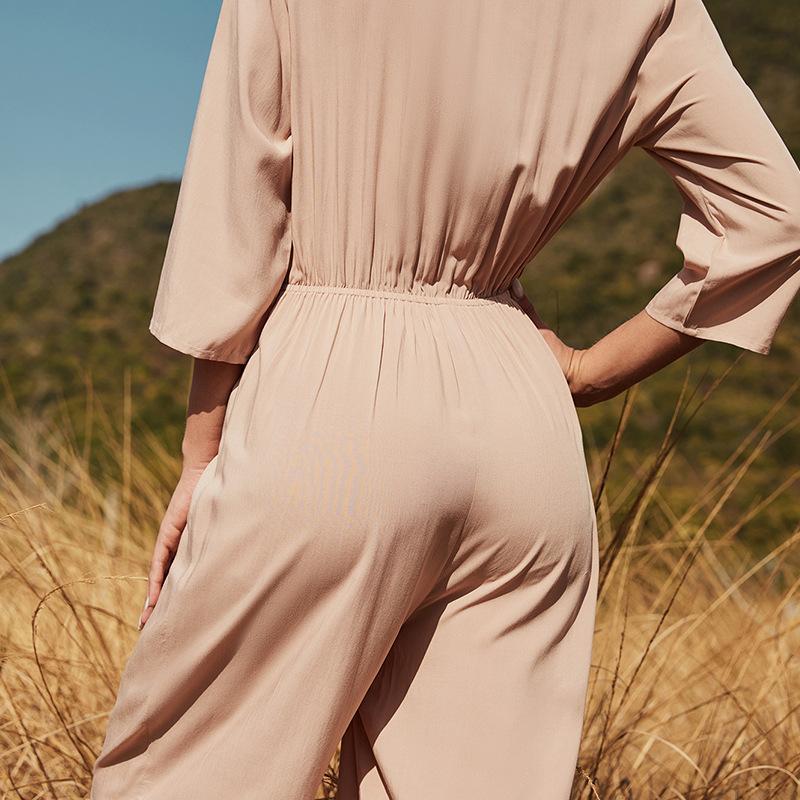 Anna-Kaci Safari Pocket Button Tied Waist Tan Jumpsuit for Women