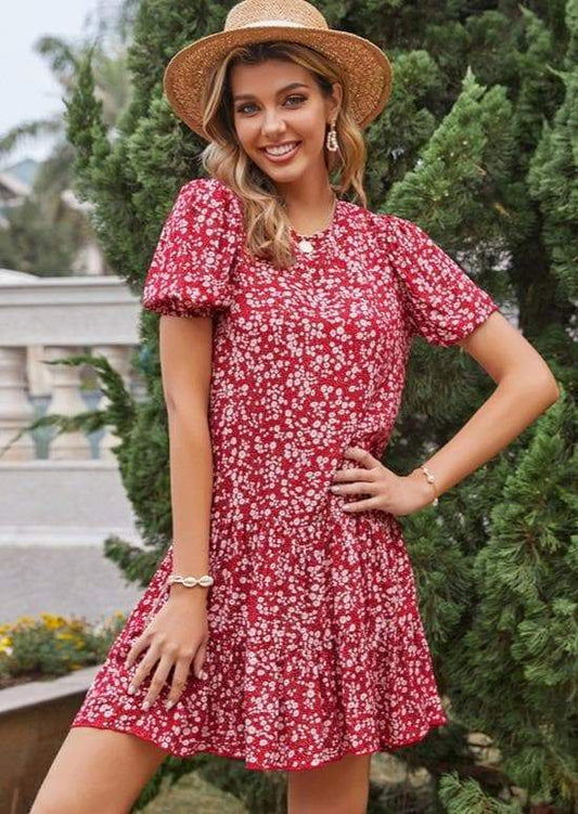 Anna-Kaci Soft Floral Print Red Swing Dress with Short Sleeves and Round Neck