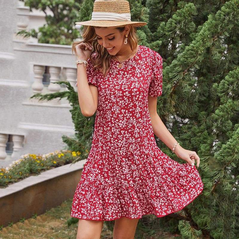 Anna-Kaci Soft Floral Print Red Swing Dress with Short Sleeves and Round Neck