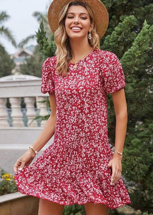 Anna-Kaci Soft Floral Print Red Swing Dress with Short Sleeves and Round Neck Small 0-4