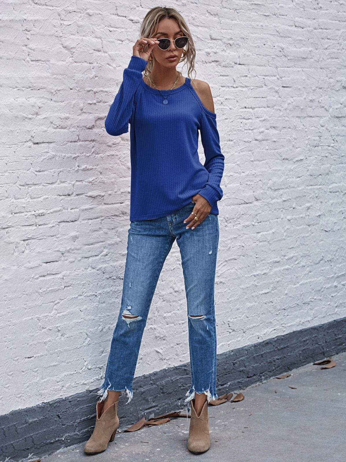 Anna-Kaci Solid Color Cold Shoulder Long Sleeve Ribbed Knit Top for Women