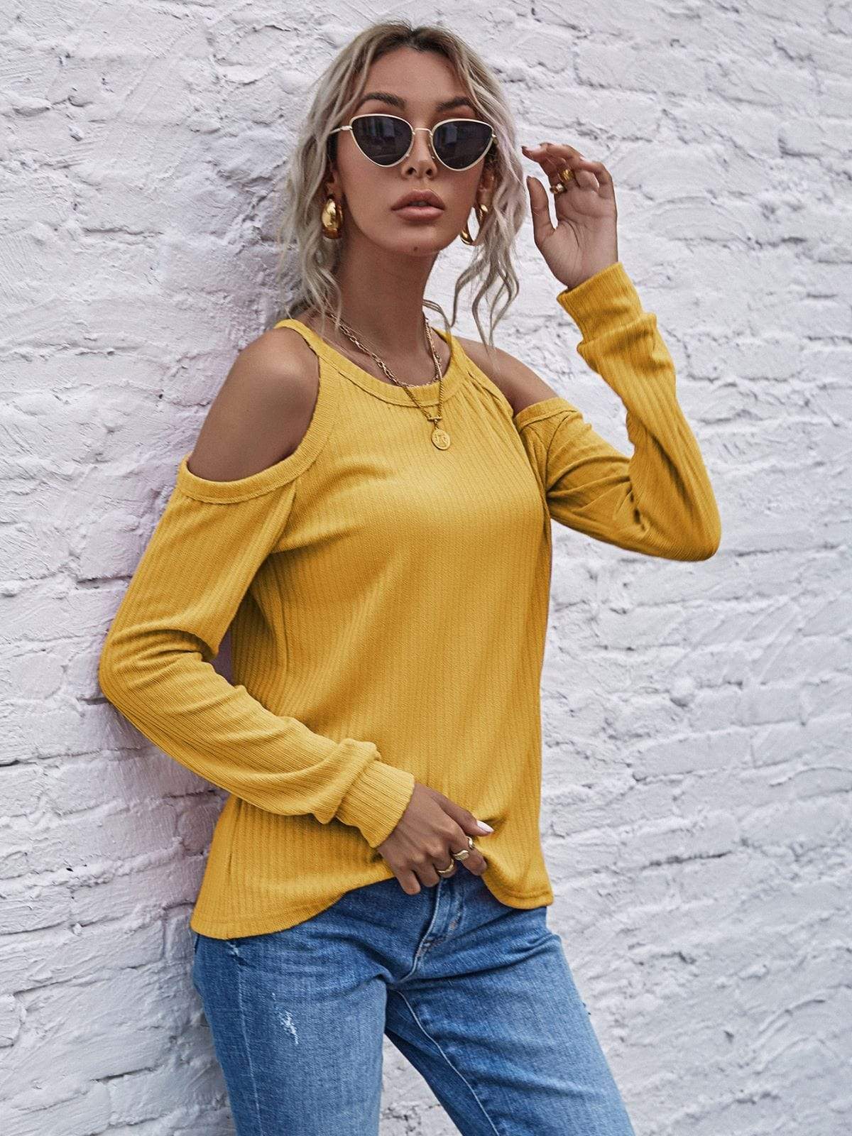 Anna-Kaci Solid Color Cold Shoulder Long Sleeve Ribbed Knit Top for Women