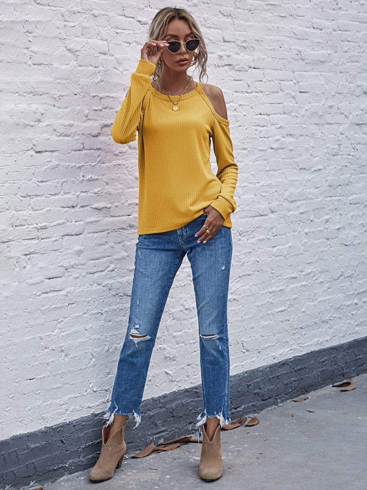 Anna-Kaci Solid Color Cold Shoulder Long Sleeve Ribbed Knit Top for Women