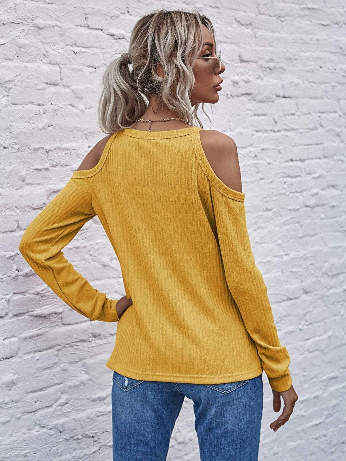 Anna-Kaci Solid Color Cold Shoulder Long Sleeve Ribbed Knit Top for Women