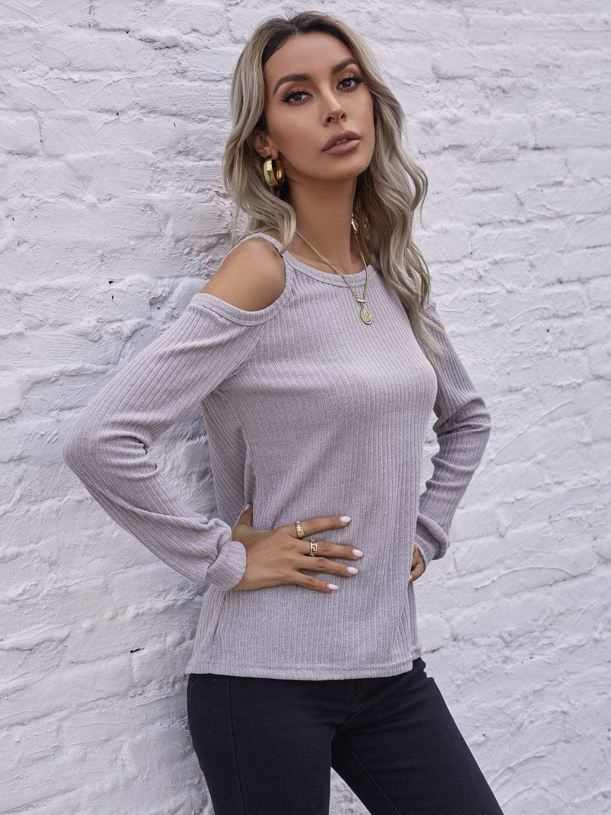 Anna-Kaci Solid Color Cold Shoulder Long Sleeve Ribbed Knit Top for Women