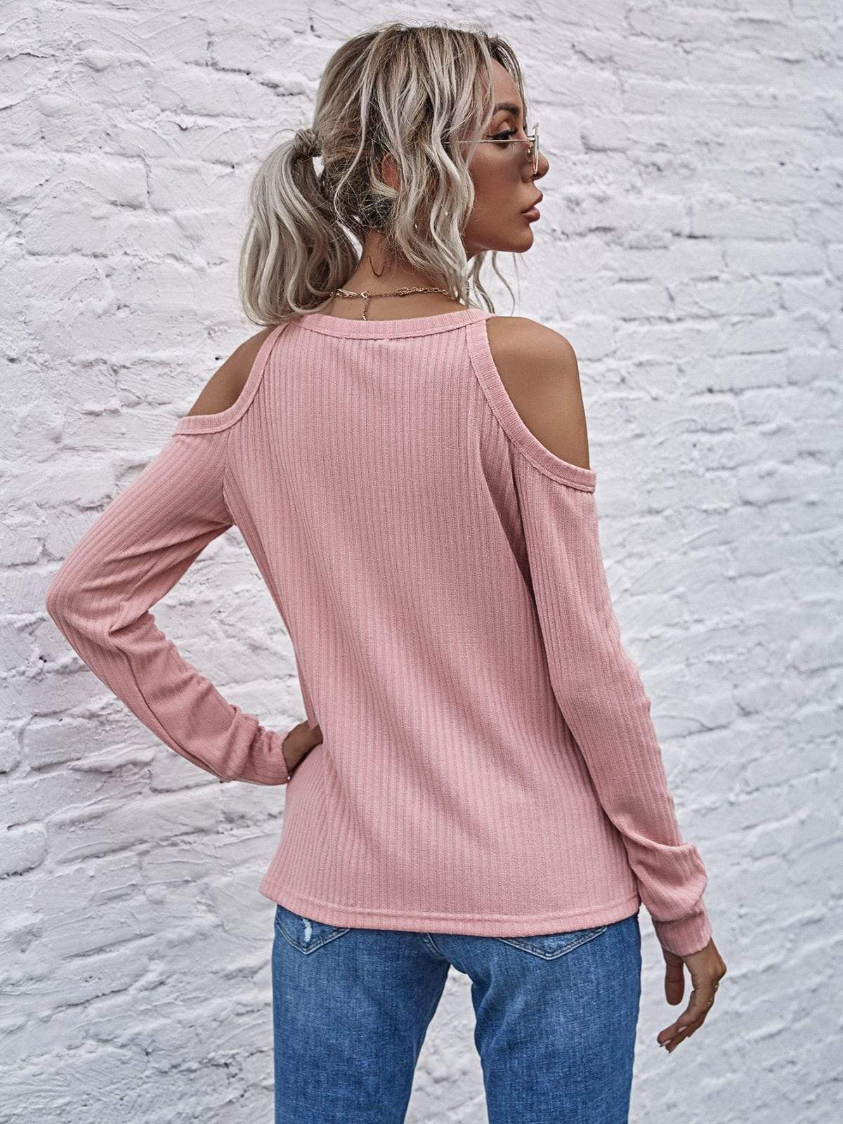 Anna-Kaci Solid Color Cold Shoulder Long Sleeve Ribbed Knit Top for Women