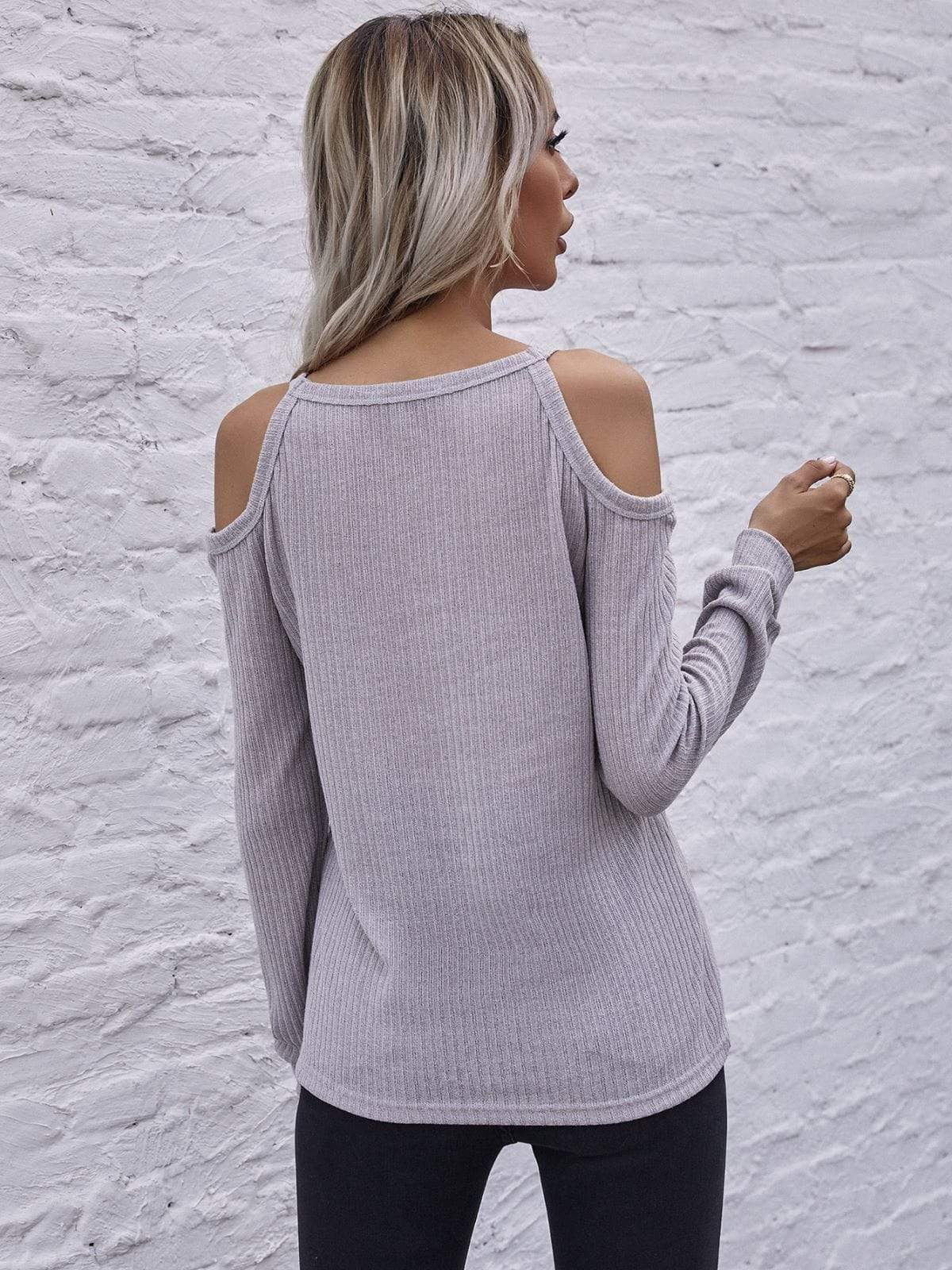 Anna-Kaci Solid Color Cold Shoulder Long Sleeve Ribbed Knit Top for Women