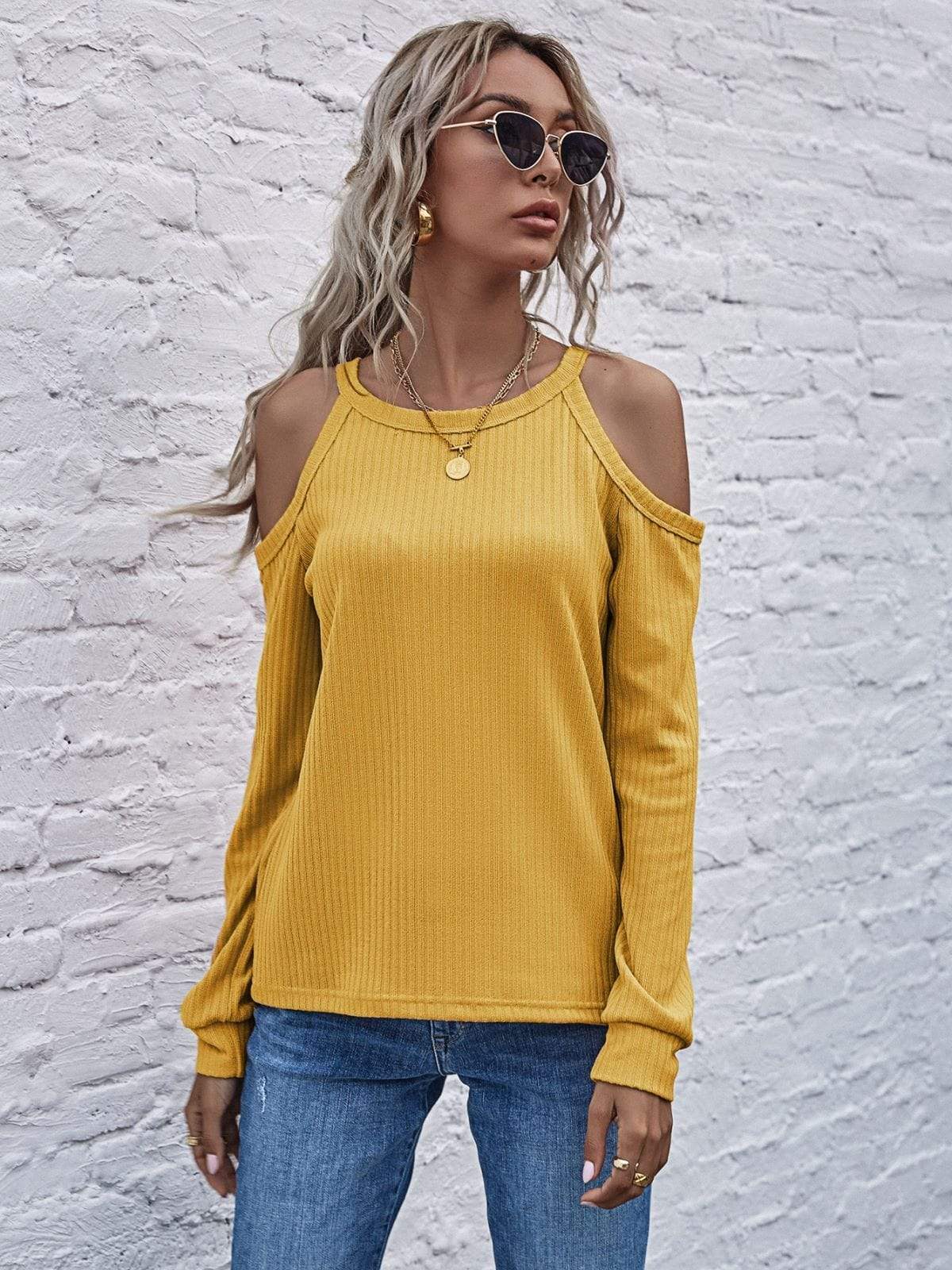 Anna-Kaci Solid Color Cold Shoulder Long Sleeve Ribbed Knit Top for Women Large 8-10 / Yellow