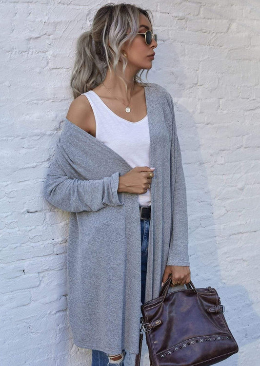 Anna-Kaci Solid Color Open Front Asymmetrical Hem Long Cardigan for Women