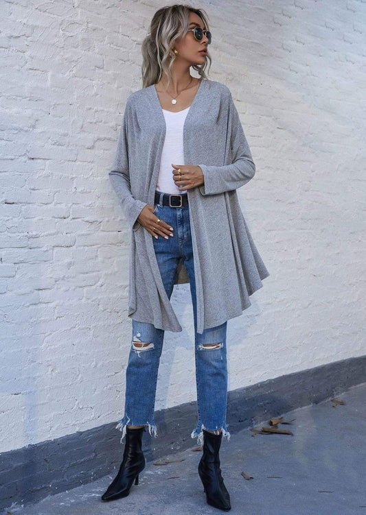 Anna-Kaci Solid Color Open Front Asymmetrical Hem Long Cardigan for Women