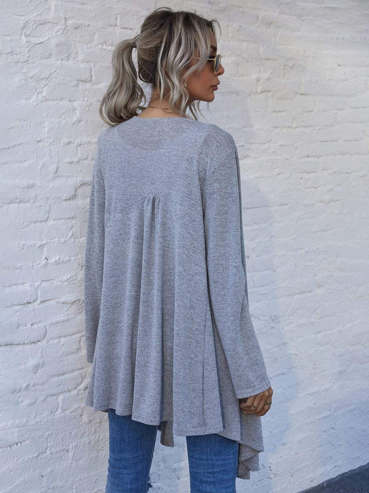 Anna-Kaci Solid Color Open Front Asymmetrical Hem Long Cardigan for Women