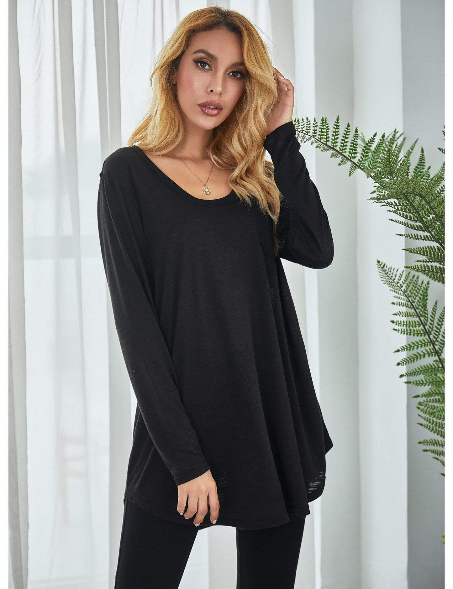 Anna-Kaci Solid Color Round Neck Patch Pocket Long Sleeve Shirt for Women 2XL / Black