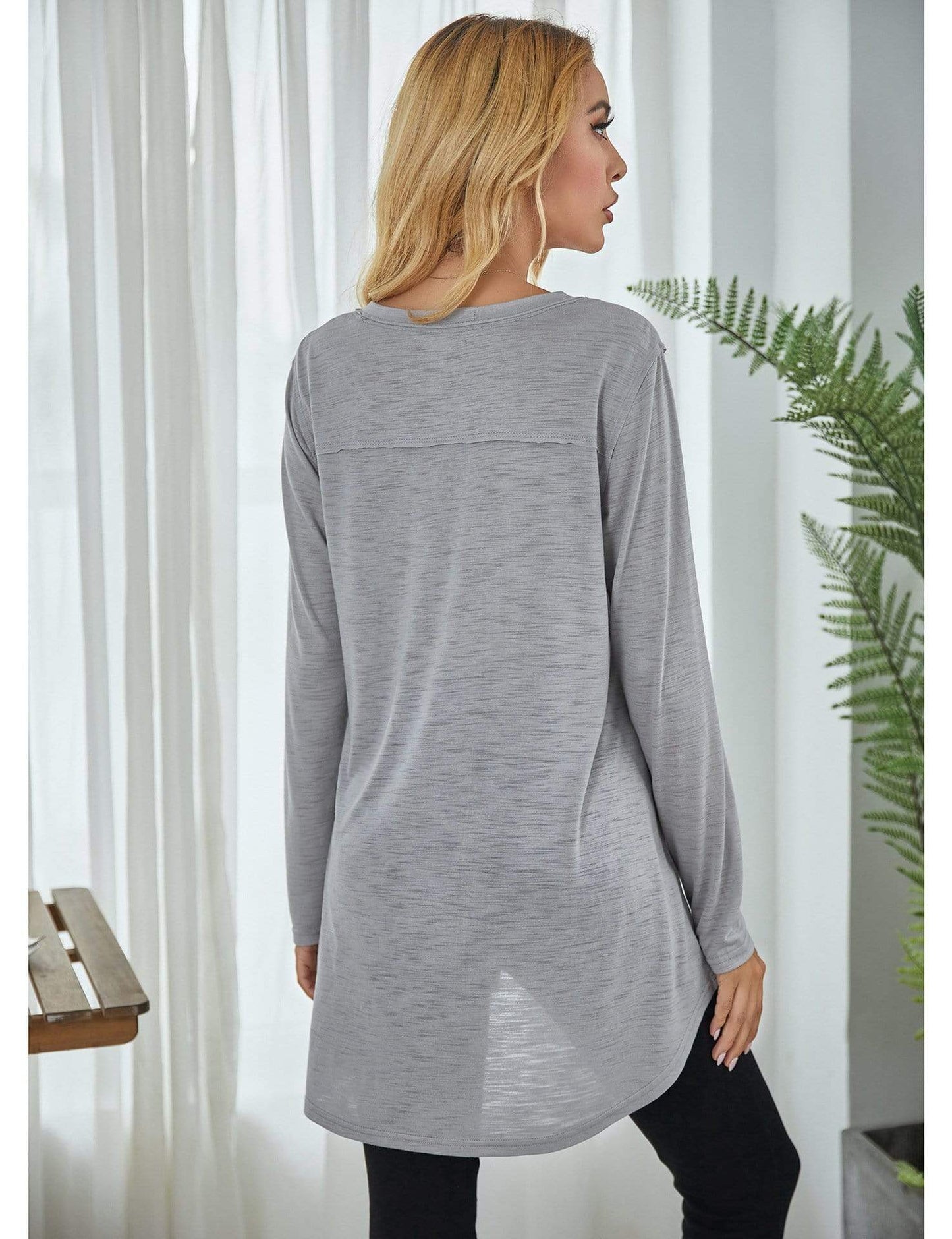 Anna-Kaci Solid Color Round Neck Patch Pocket Long Sleeve Shirt for Women