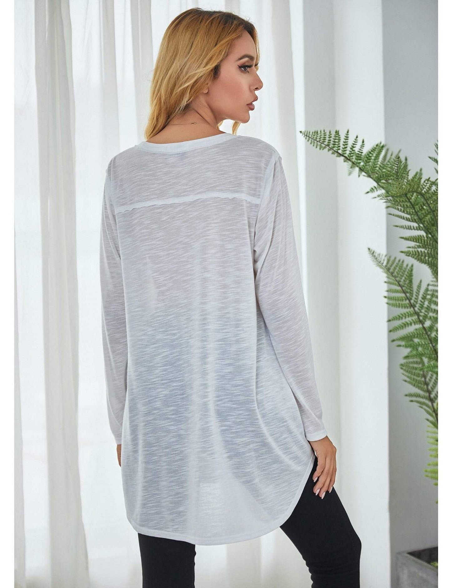 Anna-Kaci Solid Color Round Neck Patch Pocket Long Sleeve Shirt for Women