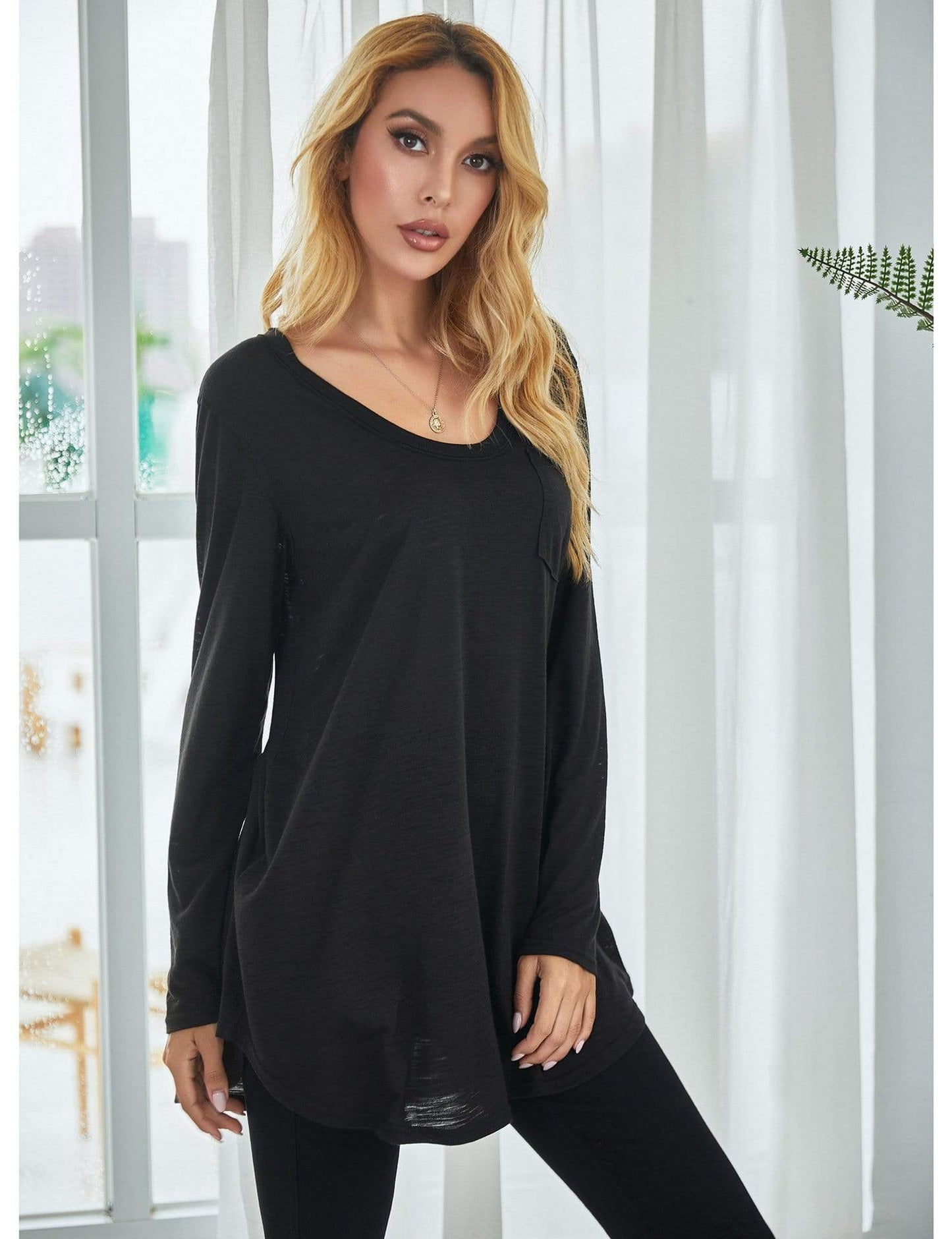 Anna-Kaci Solid Color Round Neck Patch Pocket Long Sleeve Shirt for Women