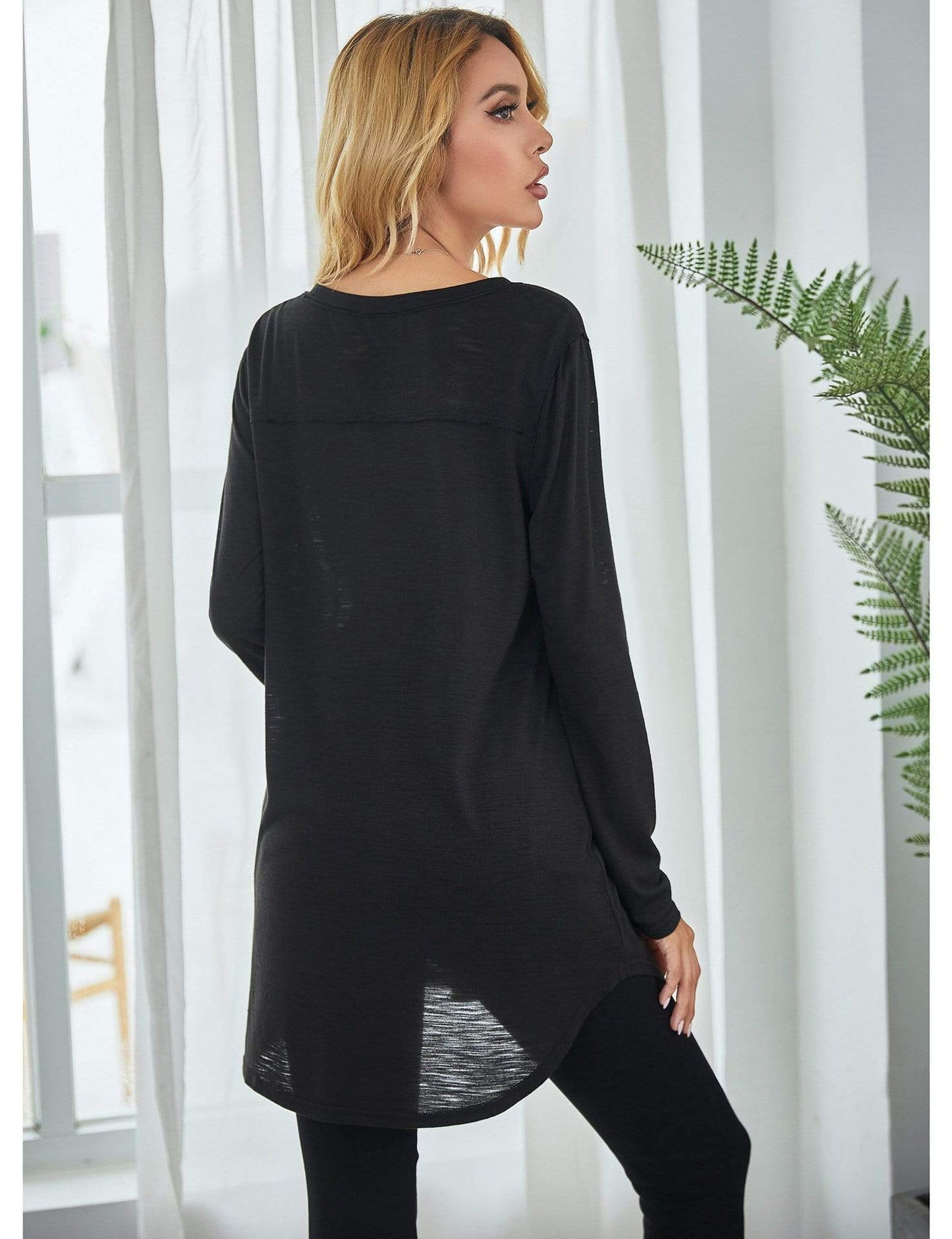 Anna-Kaci Solid Color Round Neck Patch Pocket Long Sleeve Shirt for Women