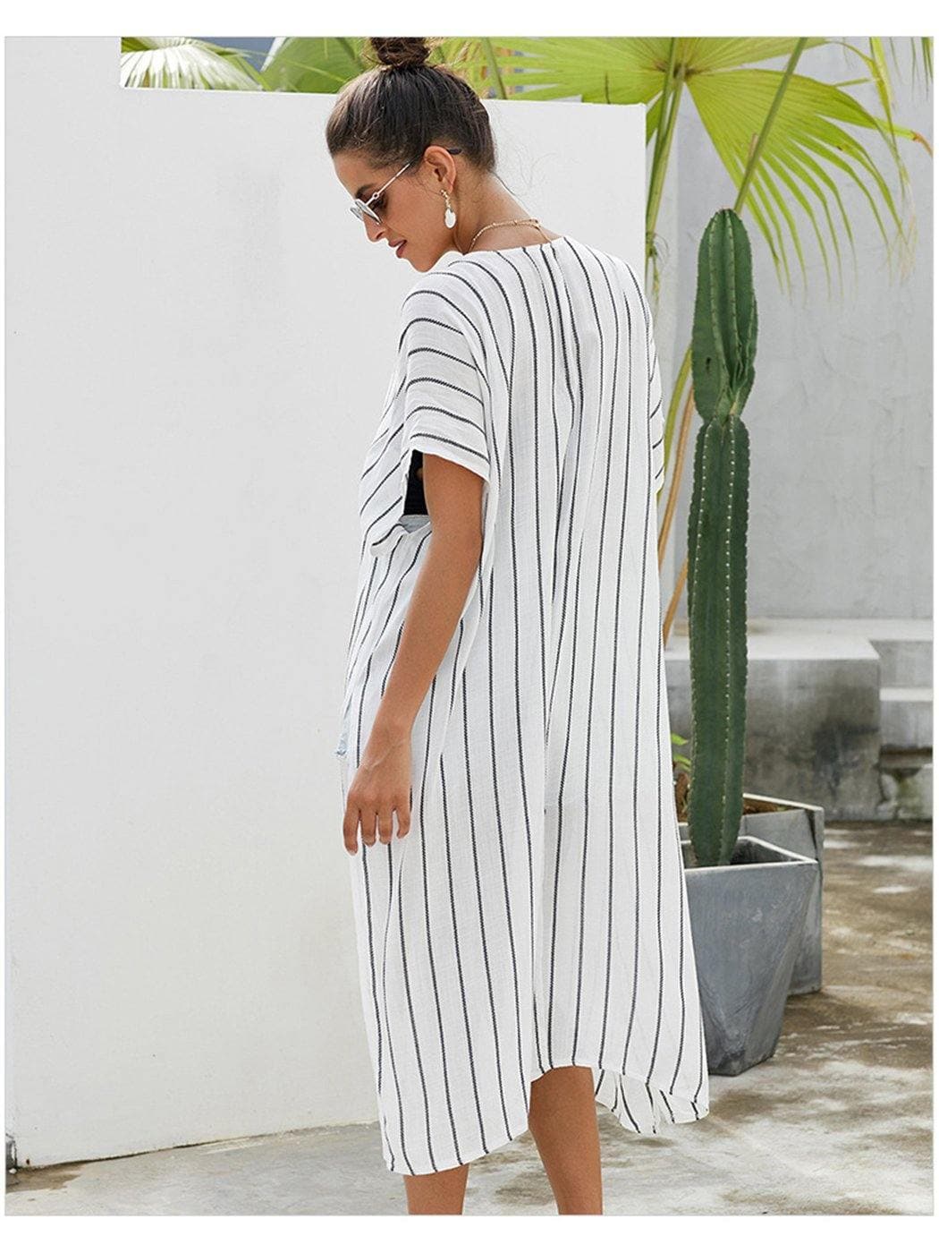 Anna-Kaci Stripe Short Sleeve Kimono Outerwear | Womens | Anna-Kaci One Size / White