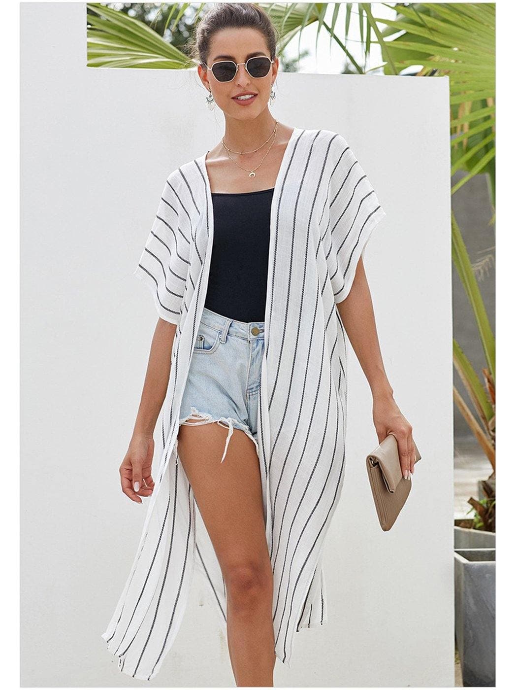 Anna-Kaci Stripe Short Sleeve Kimono Outerwear | Womens | Anna-Kaci One Size / White