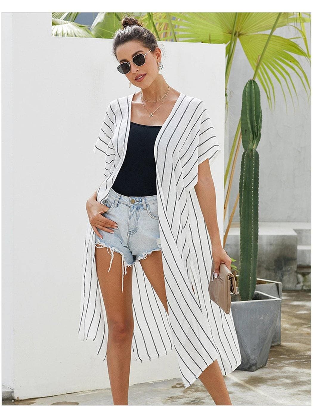 Anna-Kaci Stripe Short Sleeve Kimono Outerwear | Womens | Anna-Kaci One Size / White