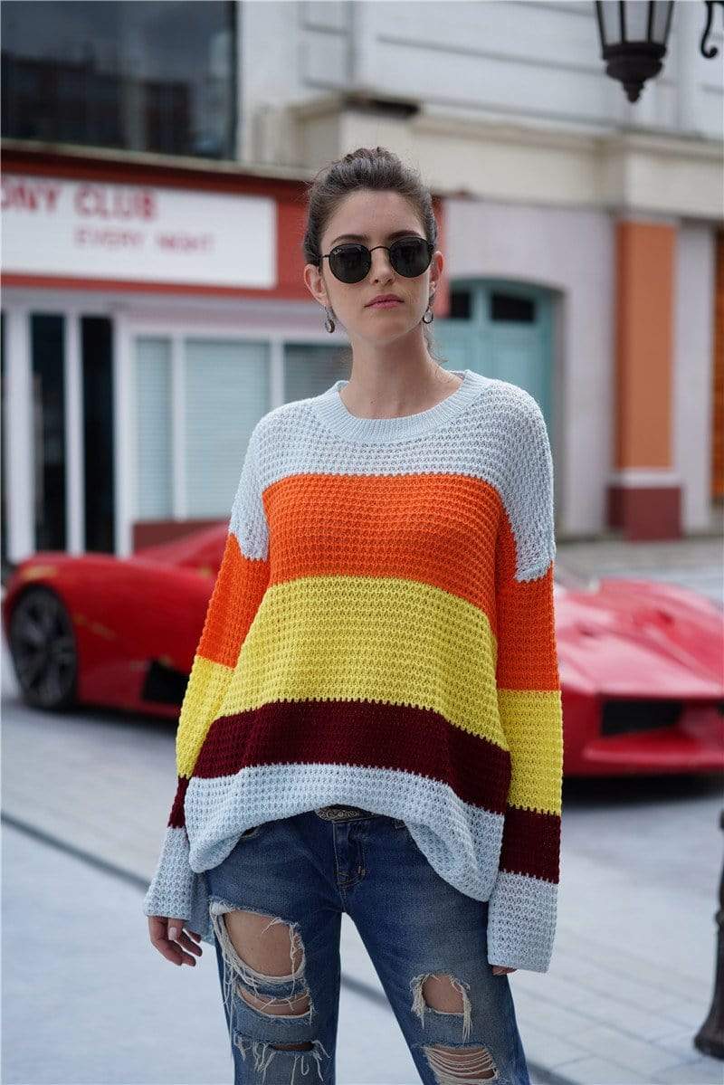 Anna-Kaci Striped Color Blocked Light Knit Long Sleeve Sweater for Women Large 8-10 / Blue