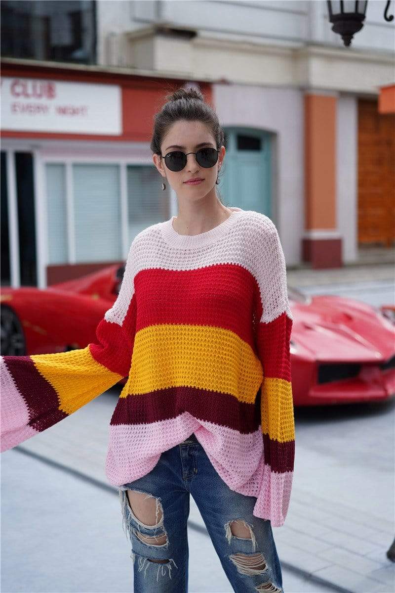 Anna-Kaci Striped Color Blocked Light Knit Long Sleeve Sweater for Women Large 8-10 / Pink