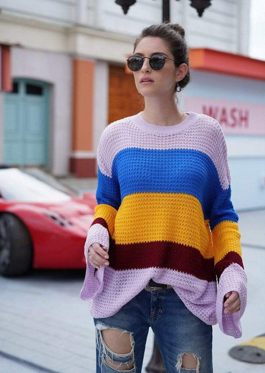 Anna-Kaci Striped Color Blocked Light Knit Long Sleeve Sweater for Women Large 8-10 / Purple