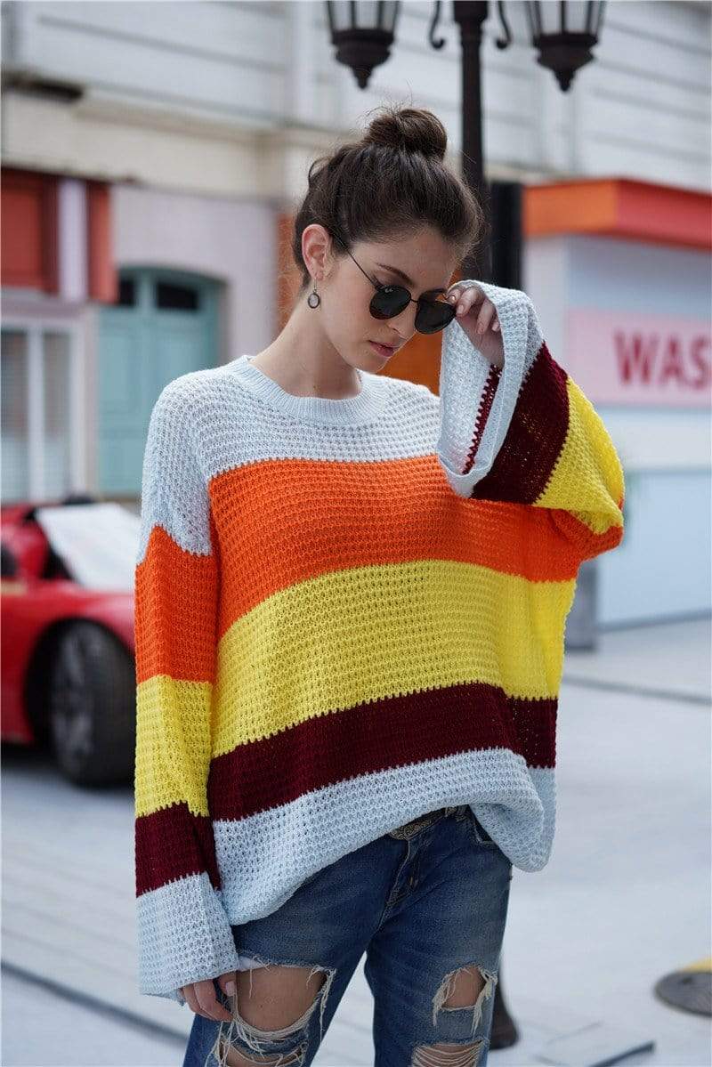 Anna-Kaci Striped Color Blocked Light Knit Long Sleeve Sweater for Women