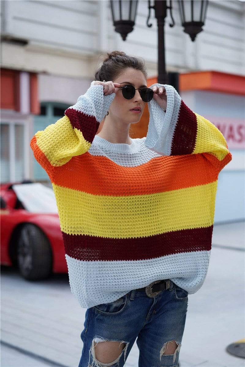 Anna-Kaci Striped Color Blocked Light Knit Long Sleeve Sweater for Women
