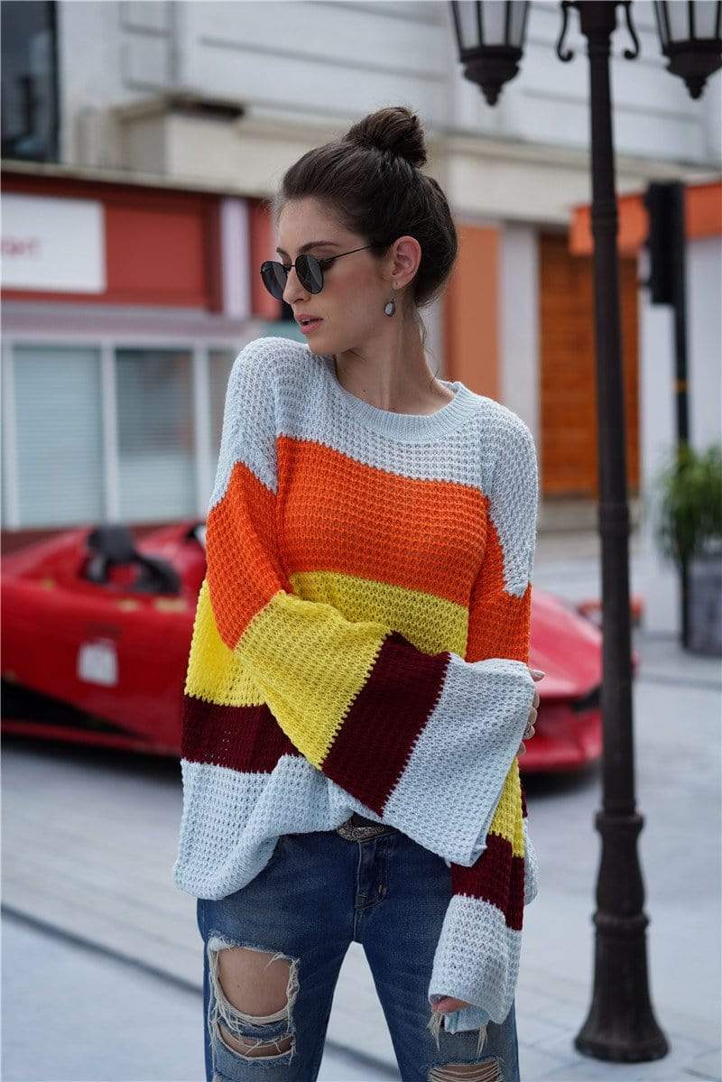 Anna-Kaci Striped Color Blocked Light Knit Long Sleeve Sweater for Women