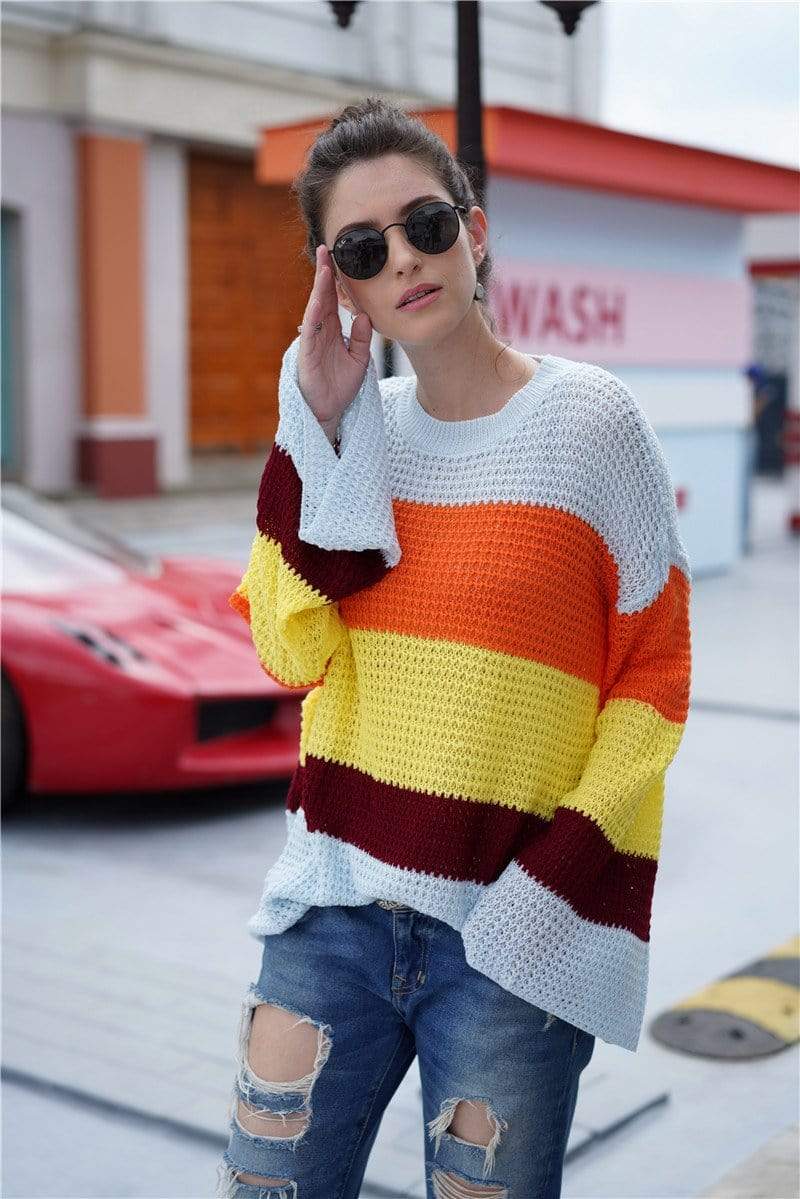 Anna-Kaci Striped Color Blocked Light Knit Long Sleeve Sweater for Women