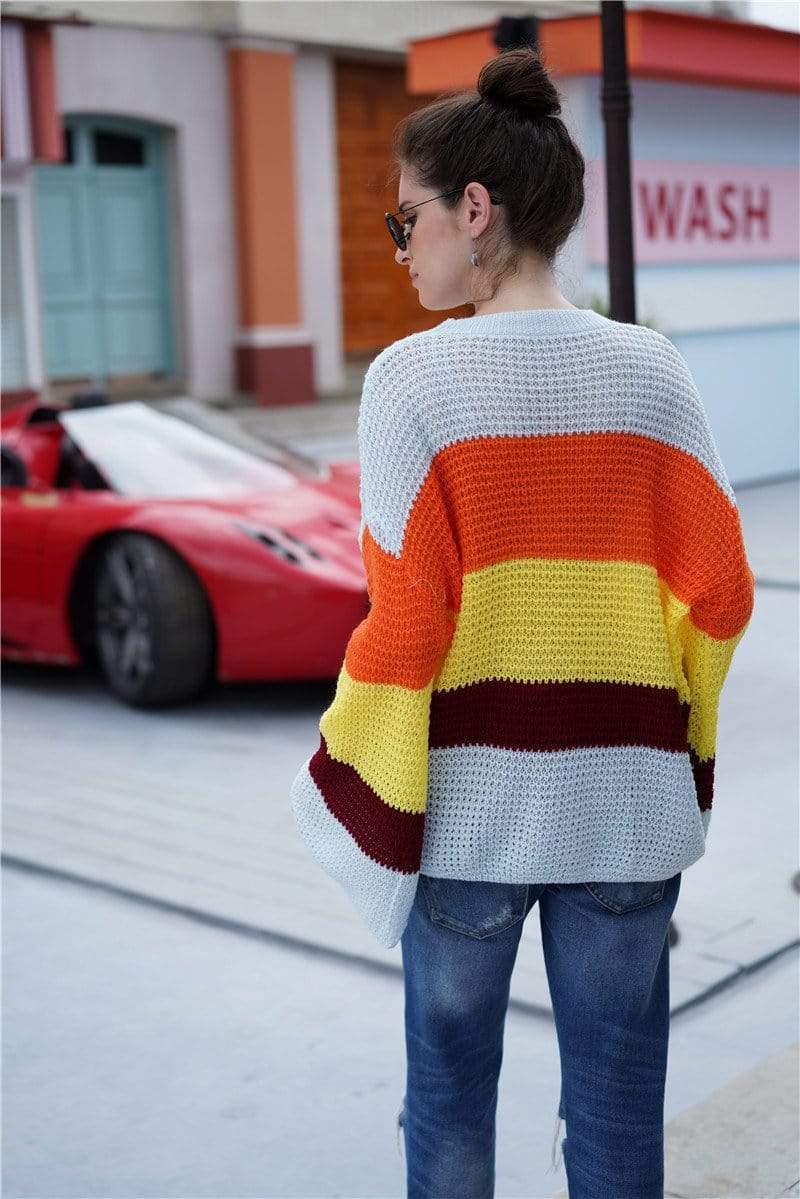 Anna-Kaci Striped Color Blocked Light Knit Long Sleeve Sweater for Women