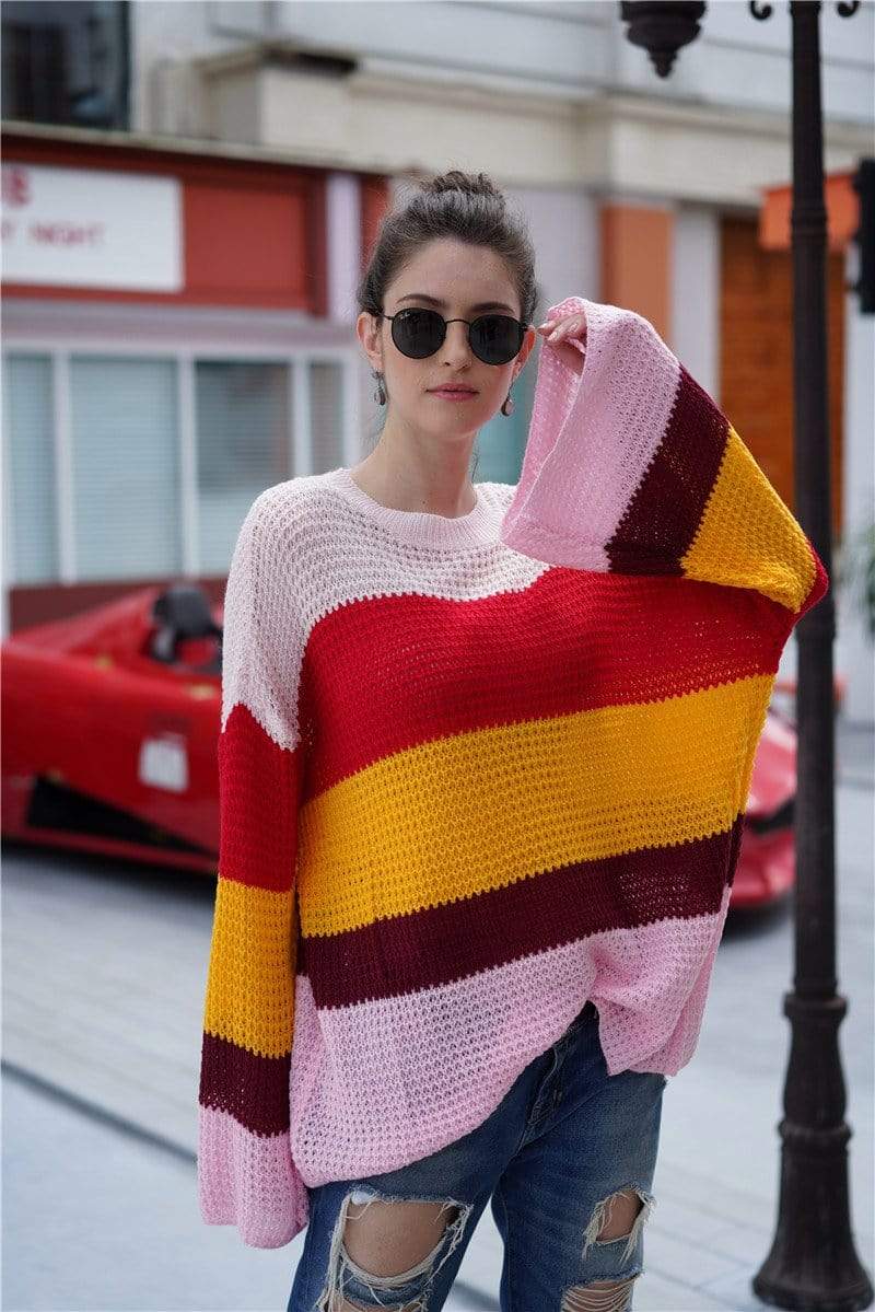 Anna-Kaci Striped Color Blocked Light Knit Long Sleeve Sweater for Women