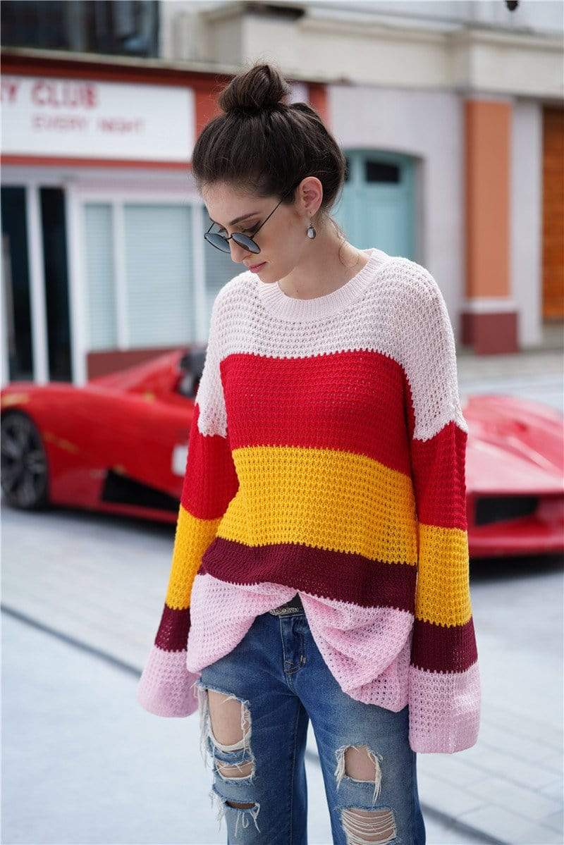 Anna-Kaci Striped Color Blocked Light Knit Long Sleeve Sweater for Women