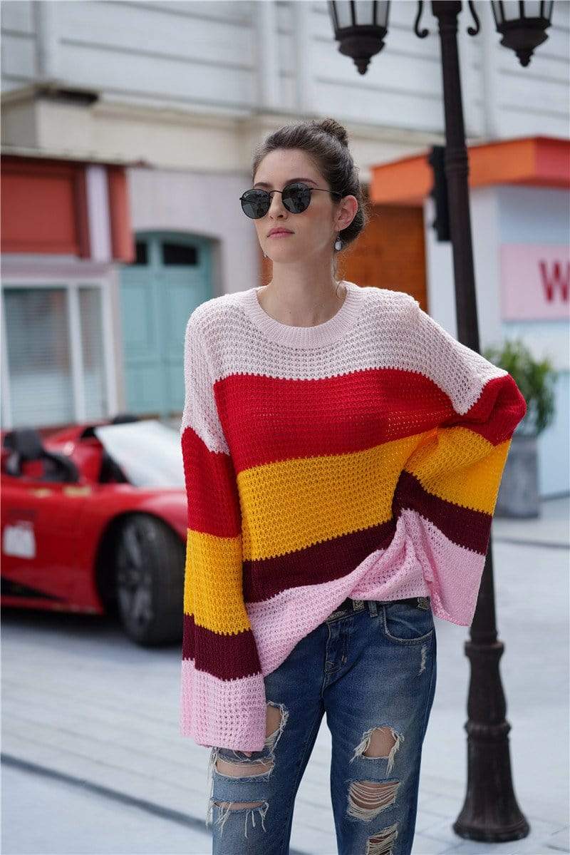 Anna-Kaci Striped Color Blocked Light Knit Long Sleeve Sweater for Women