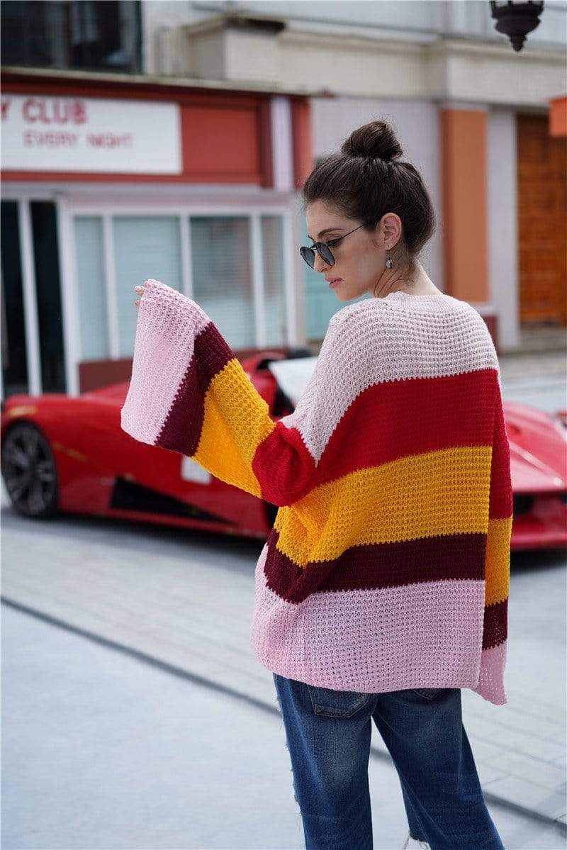 Anna-Kaci Striped Color Blocked Light Knit Long Sleeve Sweater for Women