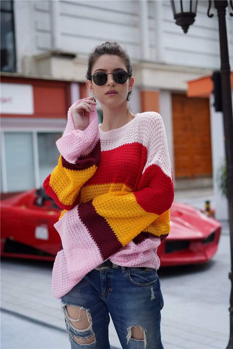 Anna-Kaci Striped Color Blocked Light Knit Long Sleeve Sweater for Women