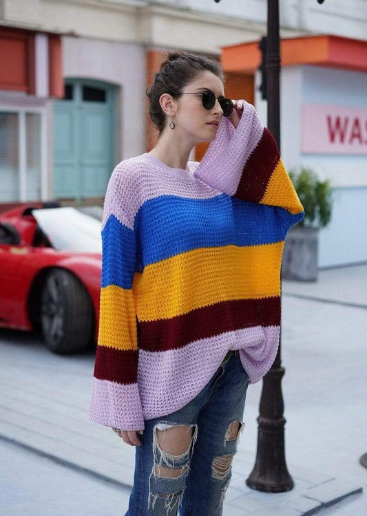 Anna-Kaci Striped Color Blocked Light Knit Long Sleeve Sweater for Women