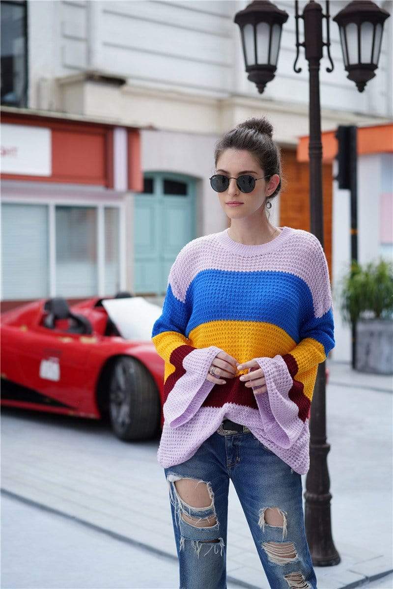 Anna-Kaci Striped Color Blocked Light Knit Long Sleeve Sweater for Women