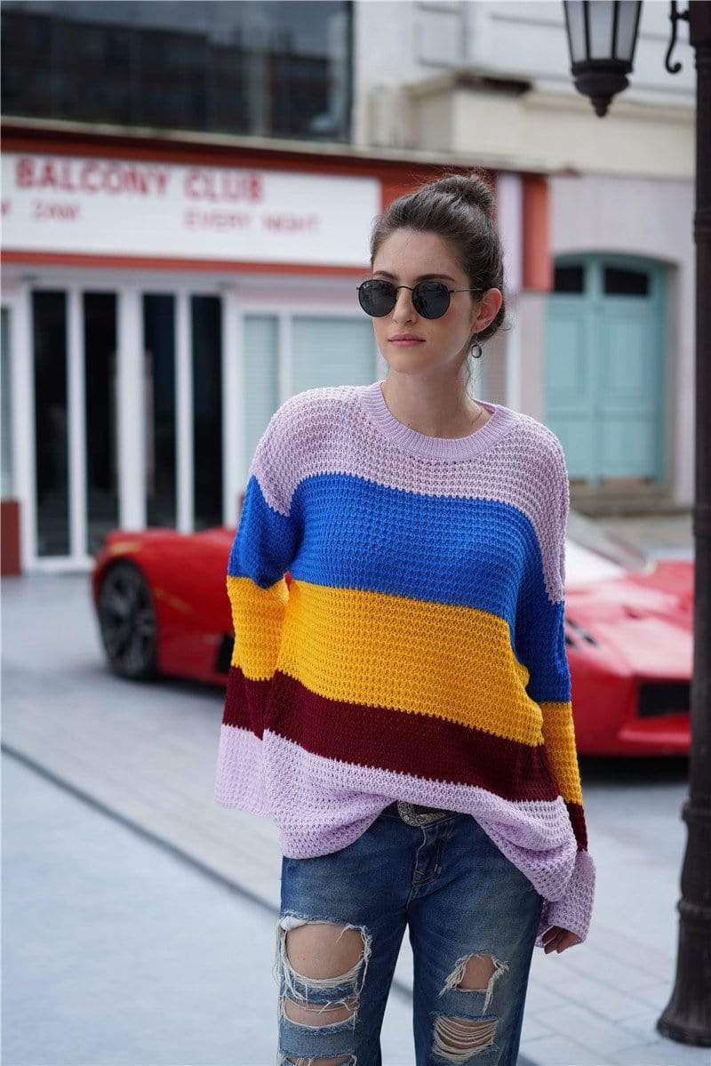 Anna-Kaci Striped Color Blocked Light Knit Long Sleeve Sweater for Women