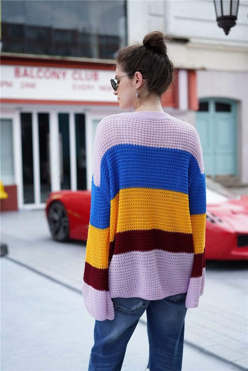 Anna-Kaci Striped Color Blocked Light Knit Long Sleeve Sweater for Women