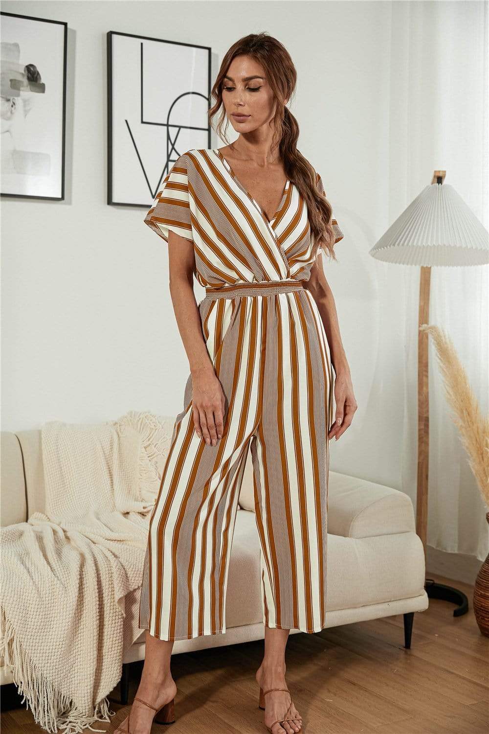Anna-Kaci Striped Jumpsuit Romper V Neck Short Sleeve Wide Leg for Women Large 8-10 / Beige