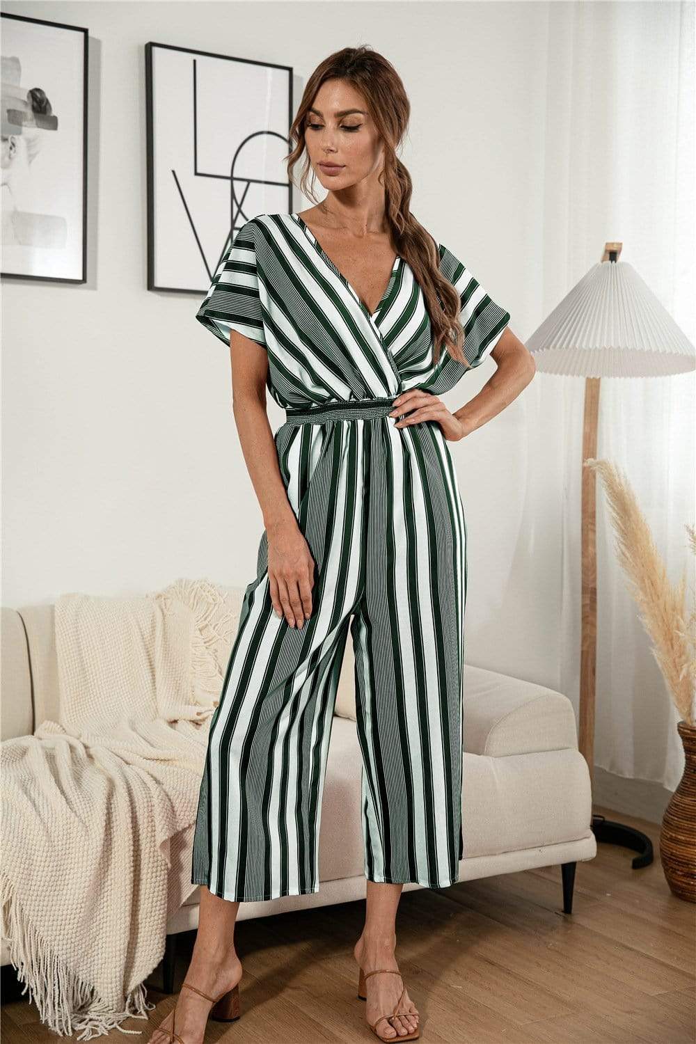 Anna-Kaci Striped Jumpsuit Romper V Neck Short Sleeve Wide Leg for Women Large 8-10 / Green