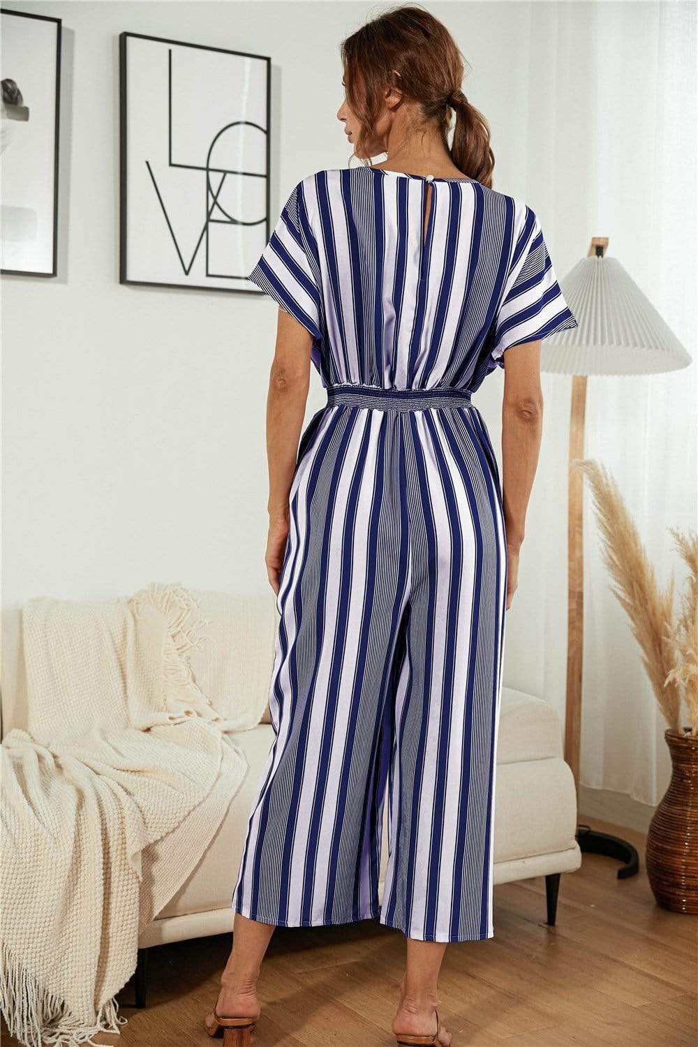 Anna-Kaci Striped Jumpsuit Romper V Neck Short Sleeve Wide Leg for Women