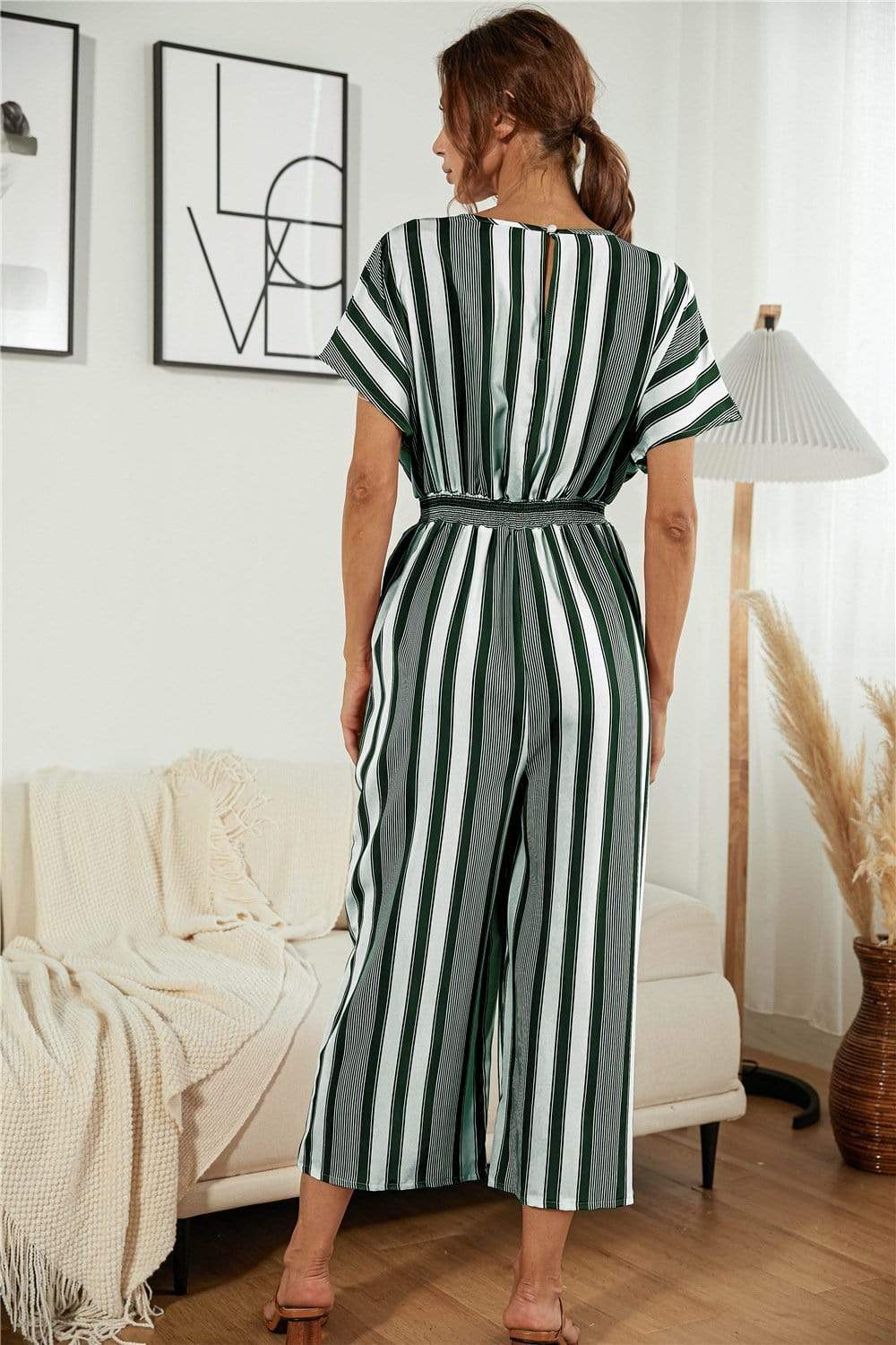 Anna-Kaci Striped Jumpsuit Romper V Neck Short Sleeve Wide Leg for Women