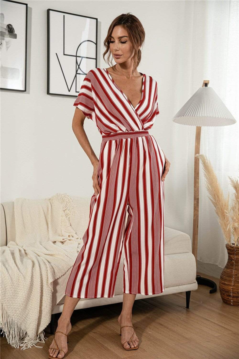 Anna-Kaci Striped Jumpsuit Romper V Neck Short Sleeve Wide Leg for Women