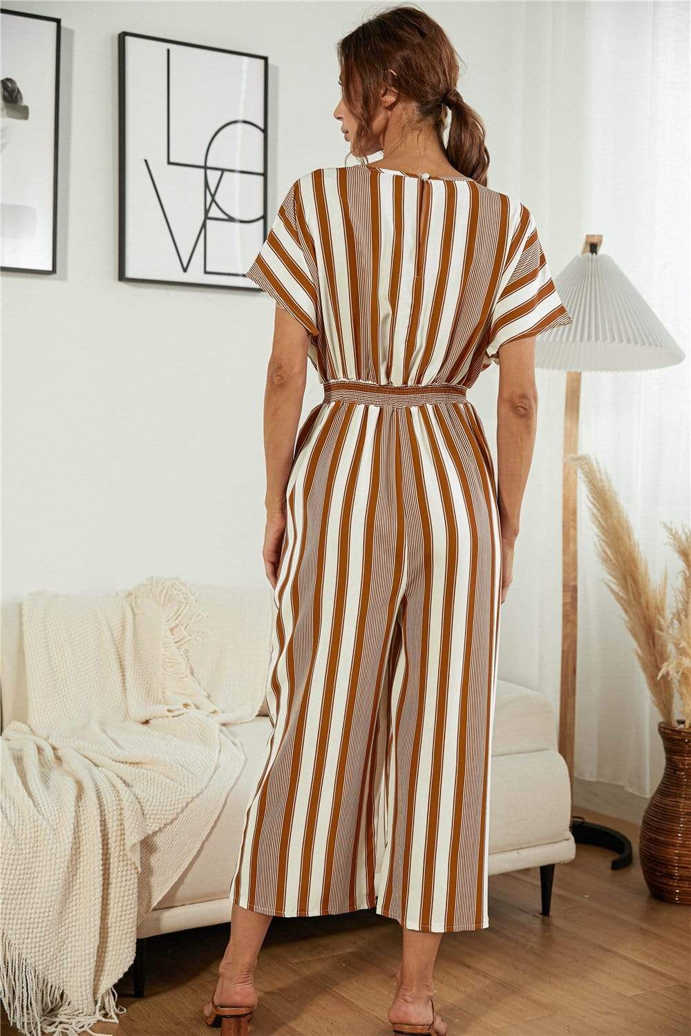 Anna-Kaci Striped Jumpsuit Romper V Neck Short Sleeve Wide Leg for Women